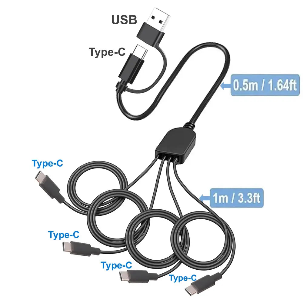 Cabo Splitter USB-C com 4 Conectores Type-C — Carregue 4 Dispositivos ao Mesmo Tempo
