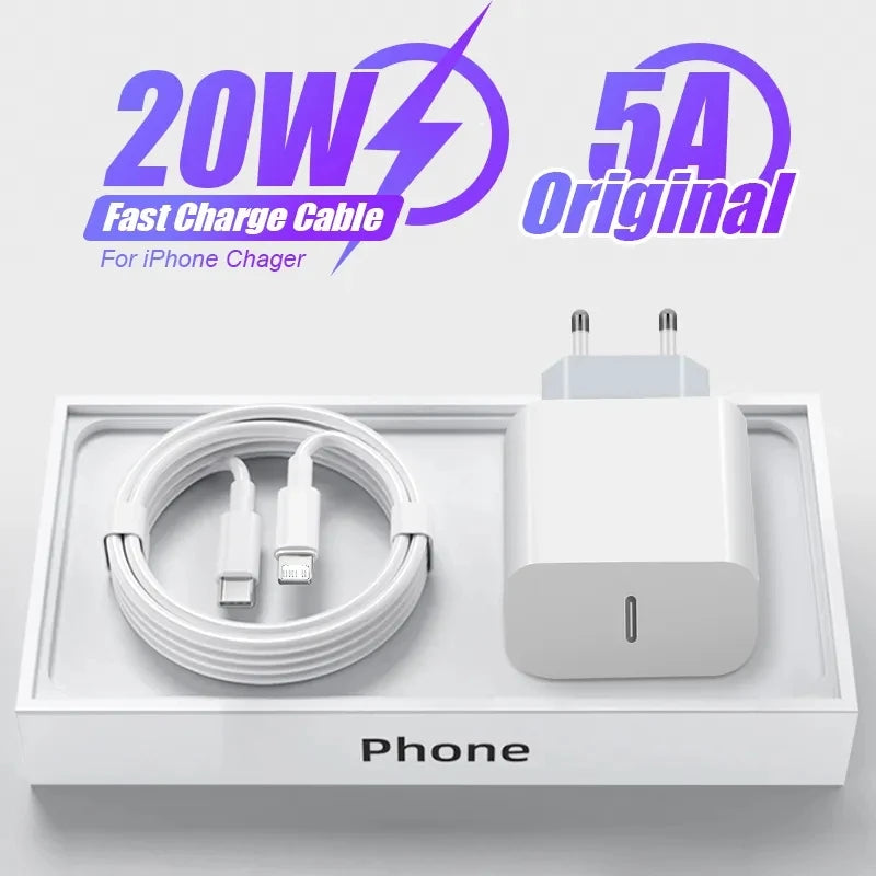 Carregador USB-C 20W PD com Cabo 1M para iPhone e iPad — Ficha EU