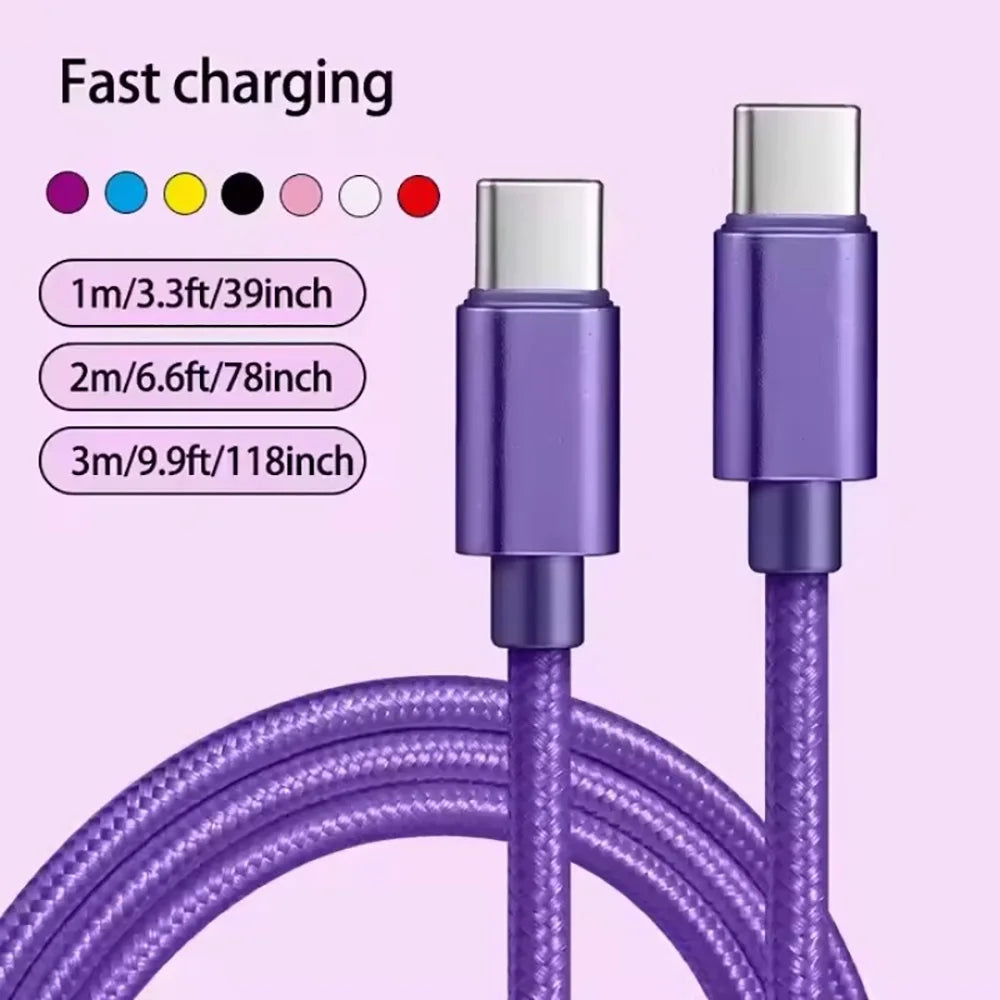 Cabo USB-C para USB-C 66W 5A Nylon Trançado — Carregamento Rápido 1m/2m/3m