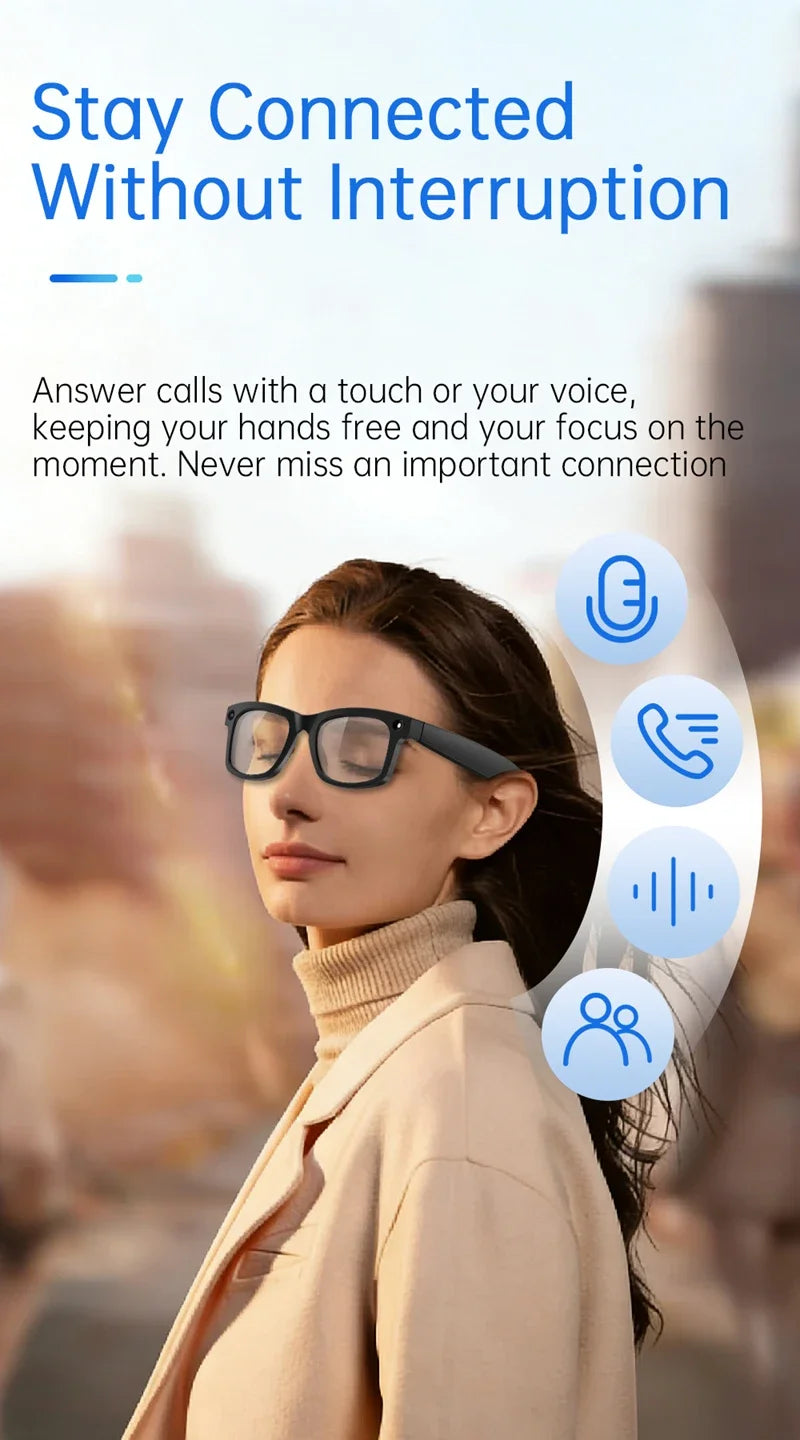 Óculos Inteligentes com Tradução IA — Câmara 8MP HD, Gravação 4K, Bluetooth e Música