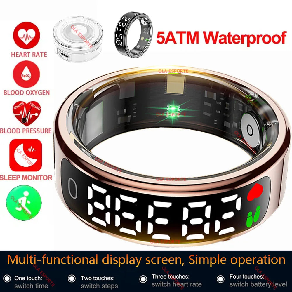 Smart Ring 2025 com Ecrã Touch — Carregamento Sem Fios, Gestor de Saúde e 5ATM para Homem e Mulher