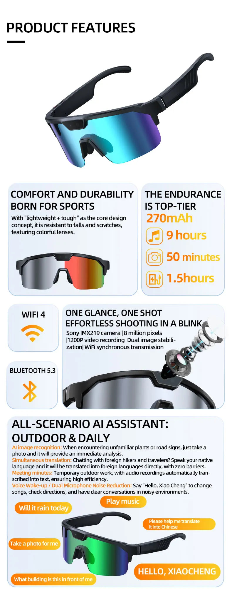Óculos Inteligentes IA com Câmara 4K HD — 8MP, Anti-vibração, Tradução em Tempo Real e Desporto Outdoor