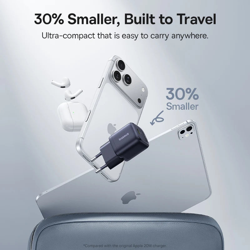 Carregador Baseus GaN 30W PD para iPhone 12-17 e Tablets