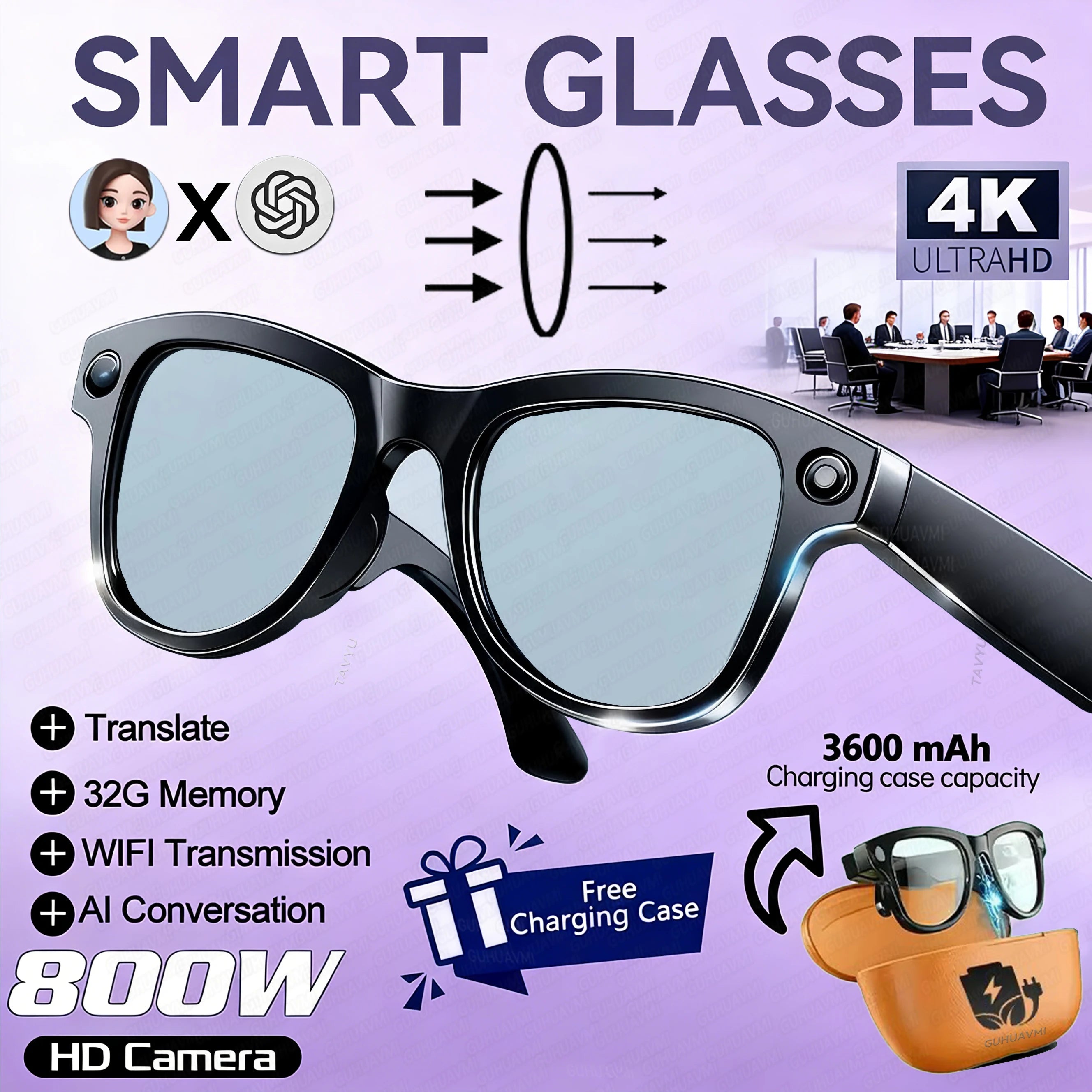Oculos Inteligentes IA 2026 com Câmara 5MP, Tradução em Tempo Real e Power Bank 3600mAh