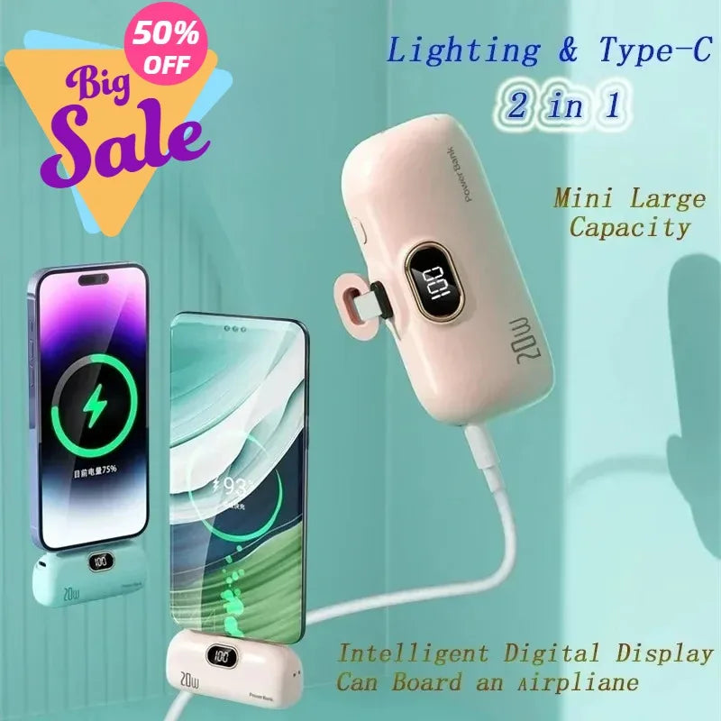 Power Bank Cápsula Mini 10000mAh 20W com Cabos Integrados