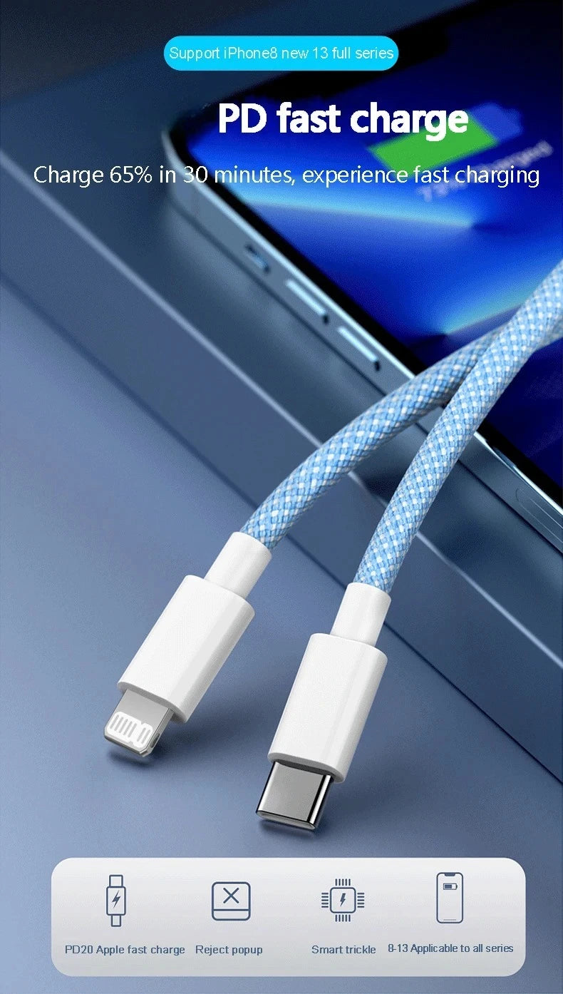 Cabo USB-C para iPhone 14, 13, 12 e 11 PD 20W — Carregamento Rápido 1m/2m