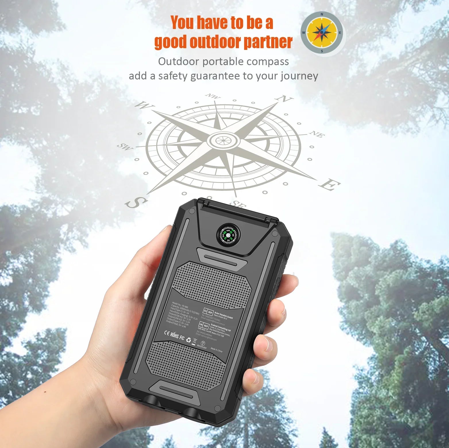 Power Bank Solar 10000mAh com Lanterna e Bússola