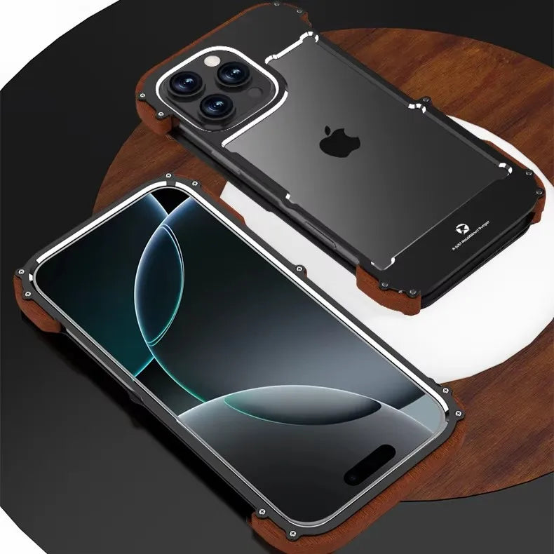 Capa Bumper Metal e Madeira para iPhone 16 15 14 13 12