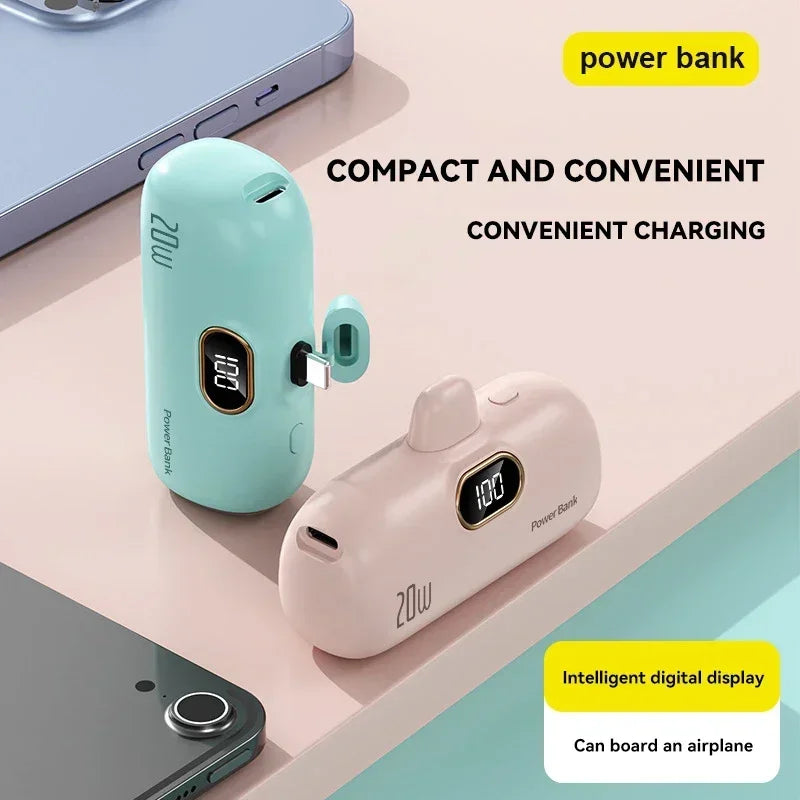 Power Bank Cápsula Mini 10000mAh 20W com Cabos Integrados