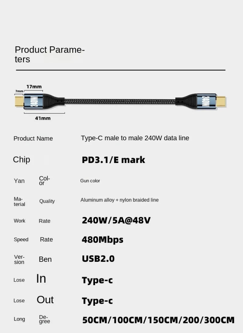 Cabo USB-C 240W em Ângulo 90° — 48V/5A Compatível com USB 2.0 (3m/10FT)