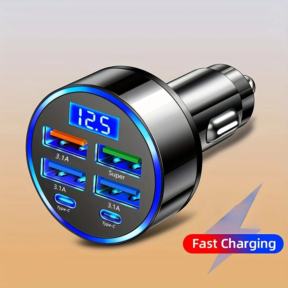 Adaptador de Carro 6 em 1 com Display Digital e Carregamento Rápido 3.1A