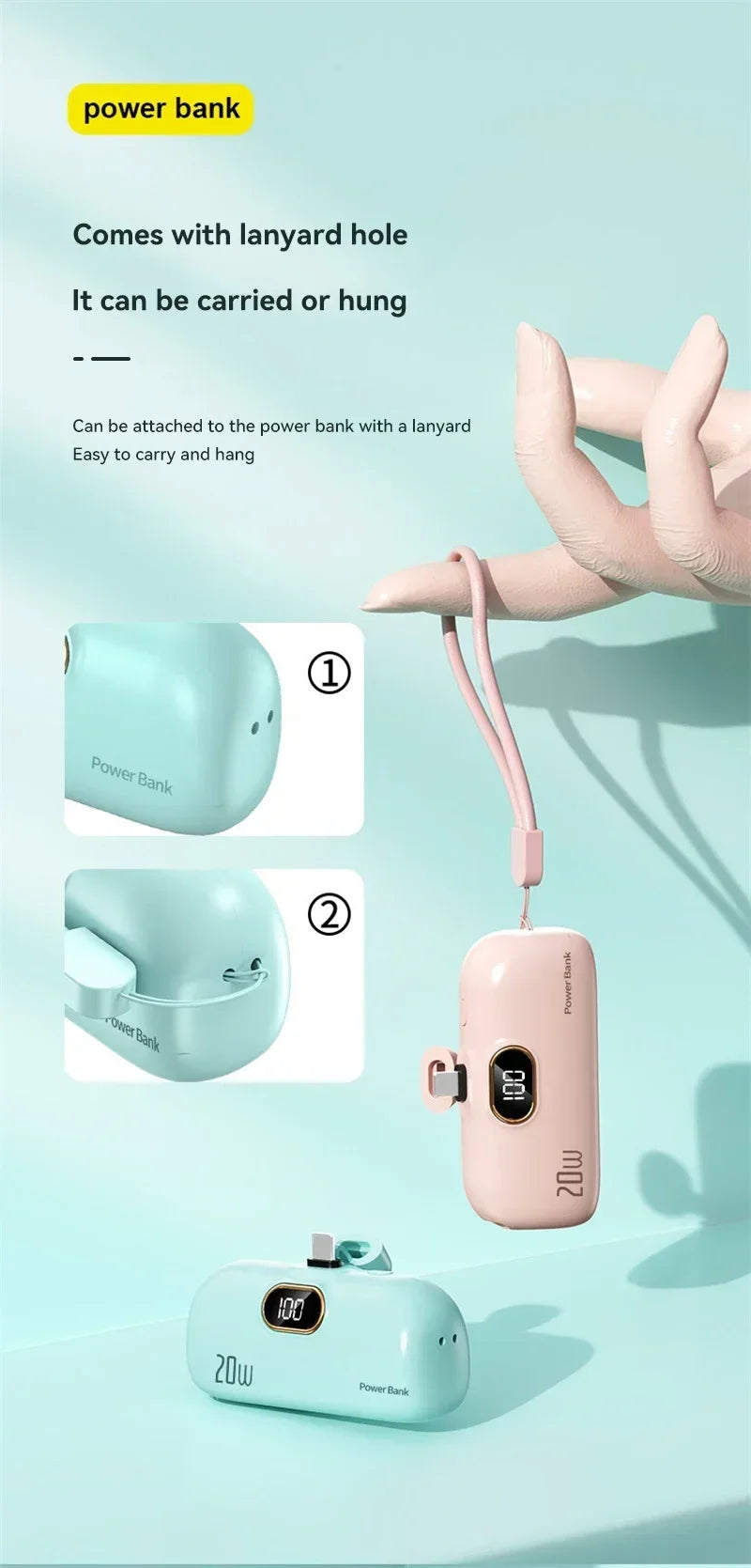 Power Bank Cápsula Mini 10000mAh 20W com Cabos Integrados