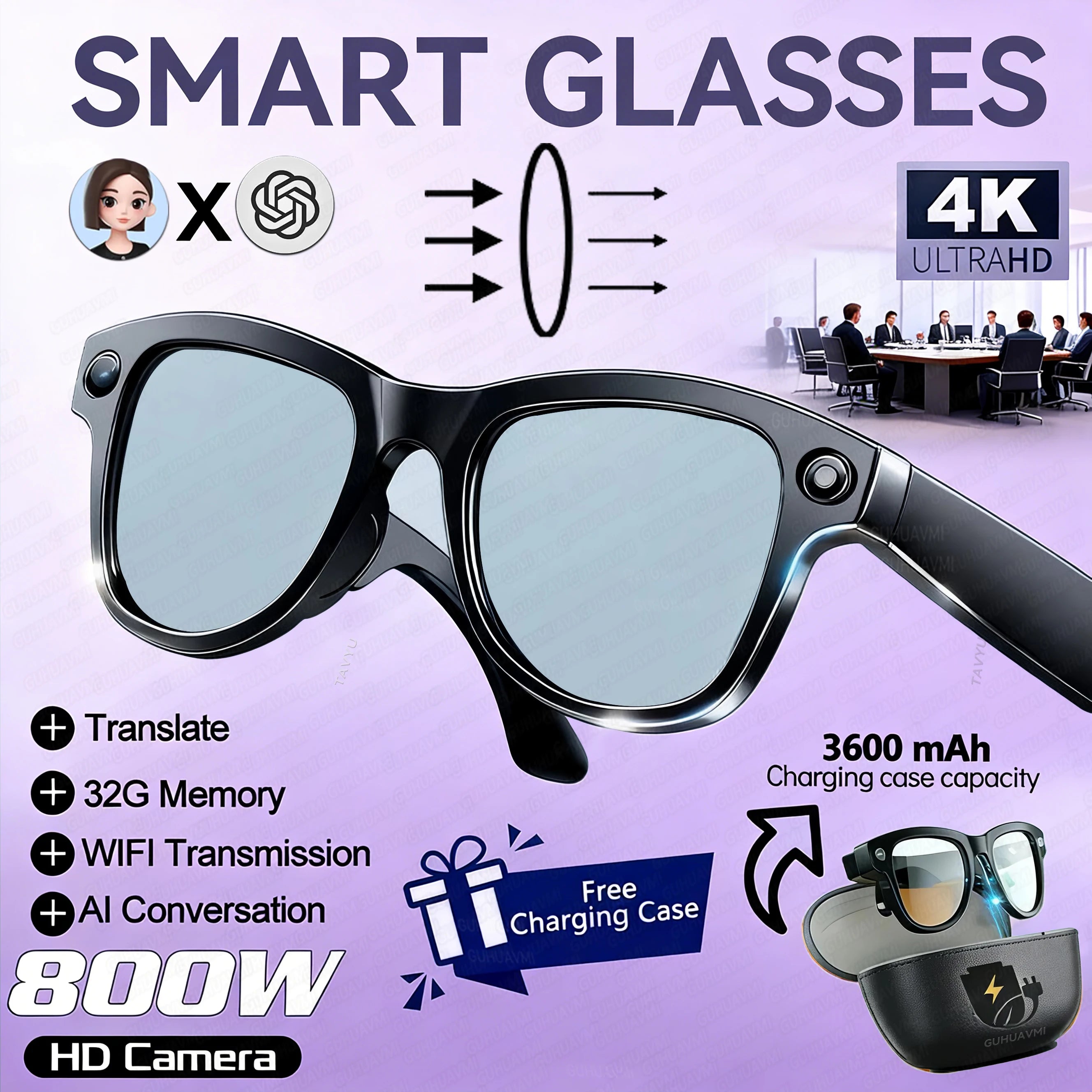 Oculos Inteligentes IA 2026 com Câmara 5MP, Tradução em Tempo Real e Power Bank 3600mAh