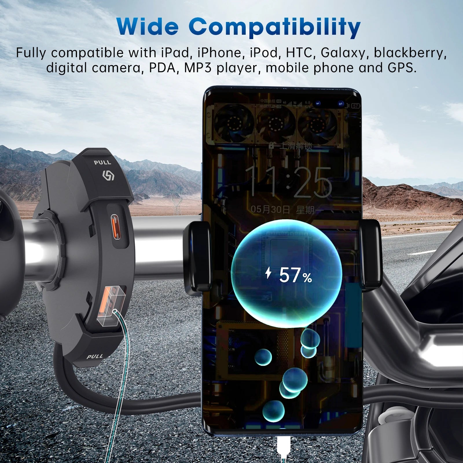 Carregador USB para Mota 48W QC3.0 Impermeável com Suporte de Guiador