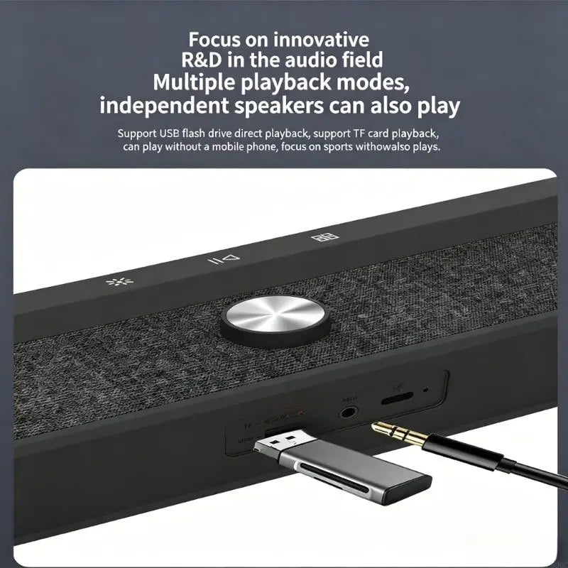 Soundbar de Secretária Sem Fios com Barra de Luz — Bluetooth 5.3, USB, Recarregável e Para TV