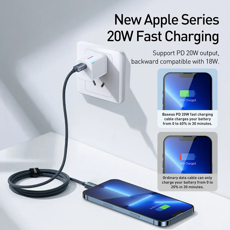 Cabo Baseus USB-C PD 20W para iPhone 14, 13, 12 — Liga de Alumínio 1.2m/2m