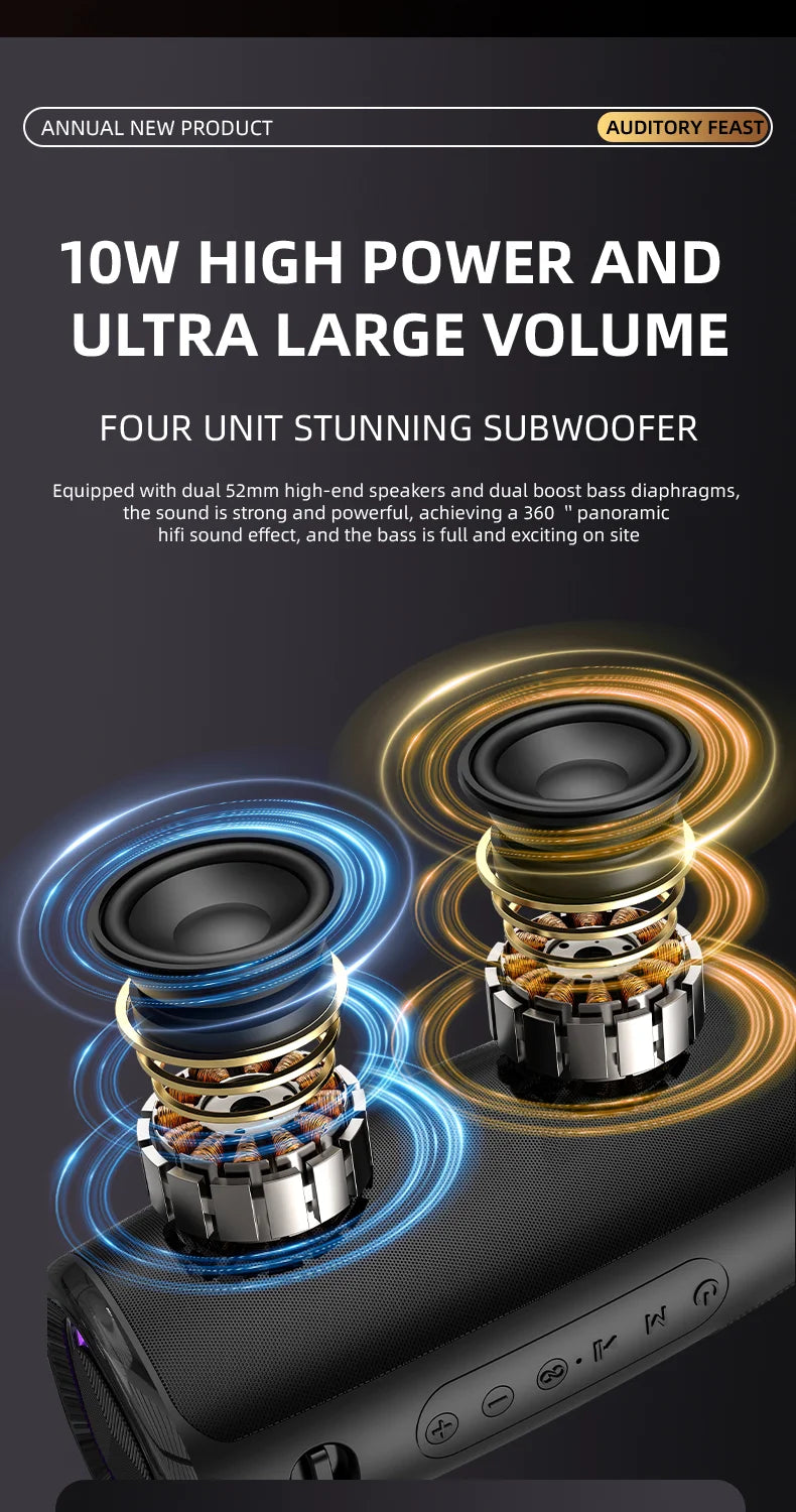 Coluna Bluetooth 5.3 com LED RGB, Subwoofer e FM/SD/USB