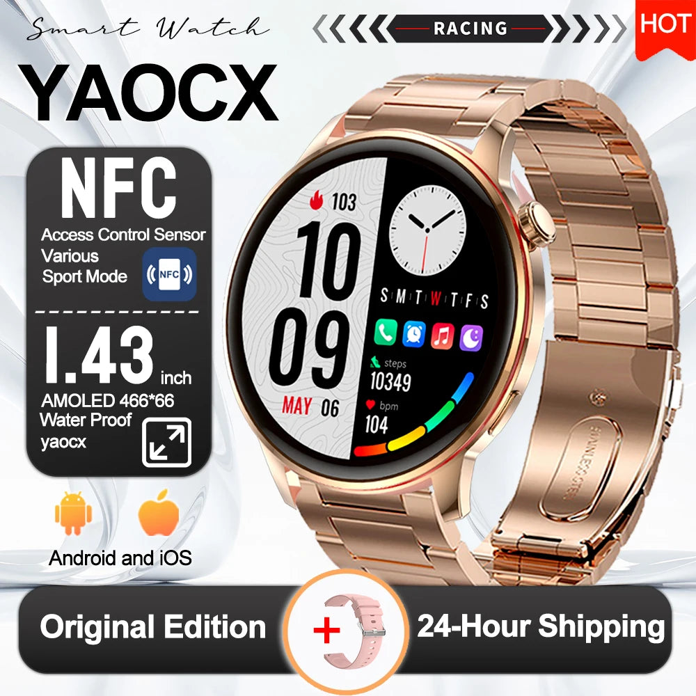 Smartwatch Feminino Elegante — Rosa e Dourado, Saúde Completa e Notificações Inteligentes