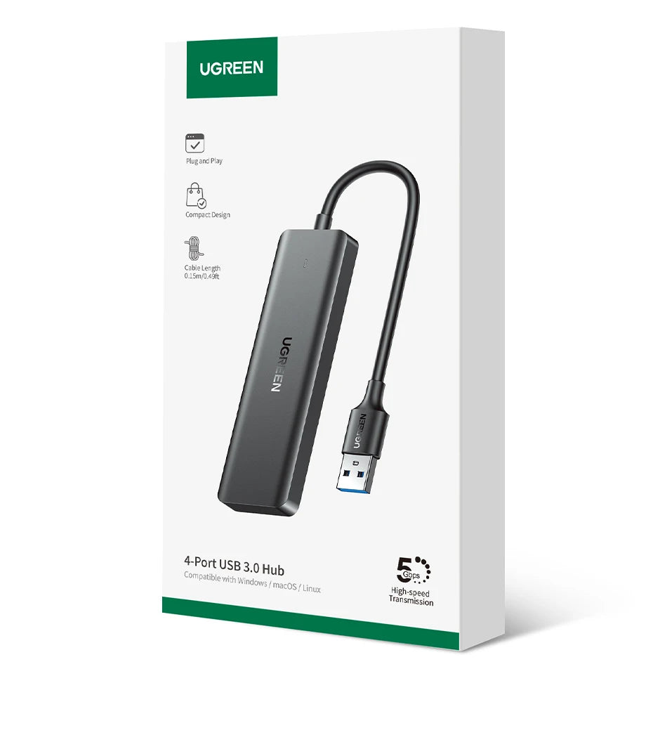 Hub USB 3.0 UGREEN 4 Portas Slim — Para MacBook, PC, Xbox e PS5