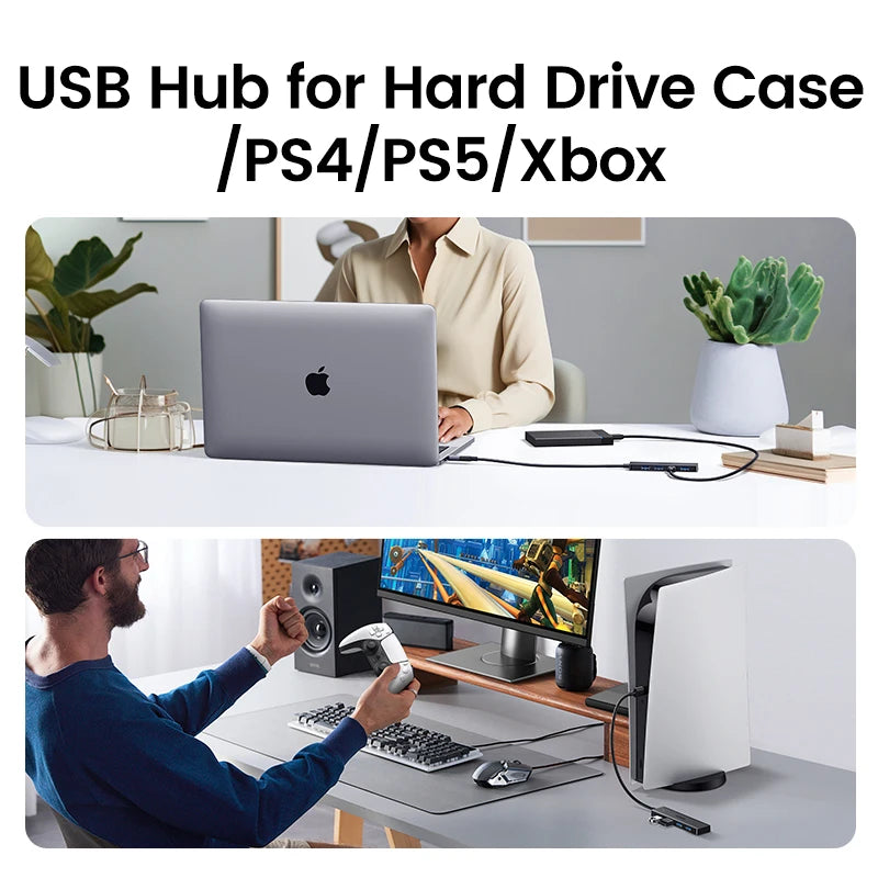 Hub USB 3.0 UGREEN 4 Portas Slim — Para MacBook, PC, Xbox e PS5