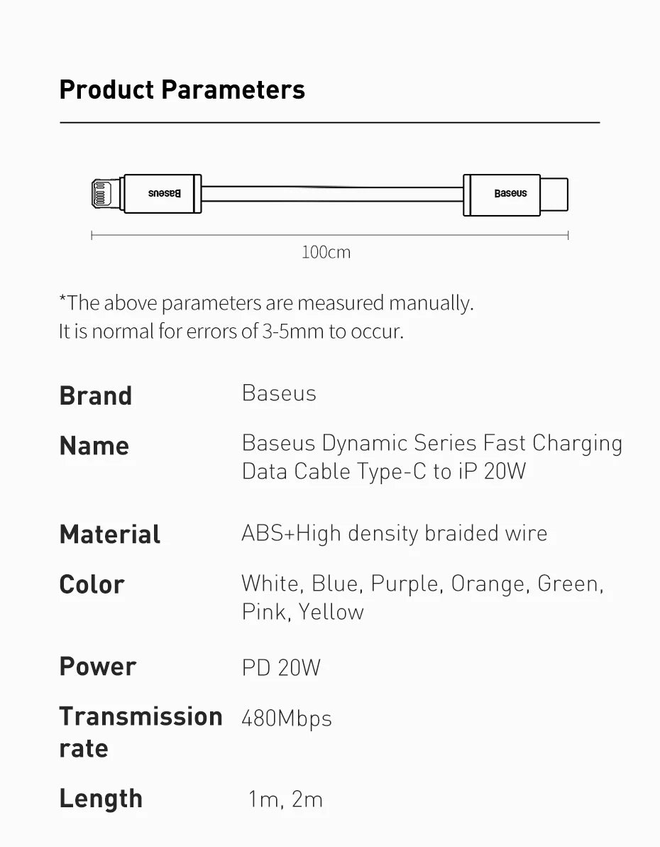 Cabo Baseus USB-C para iPhone 20W Carregamento Rápido — 1.2m/2m