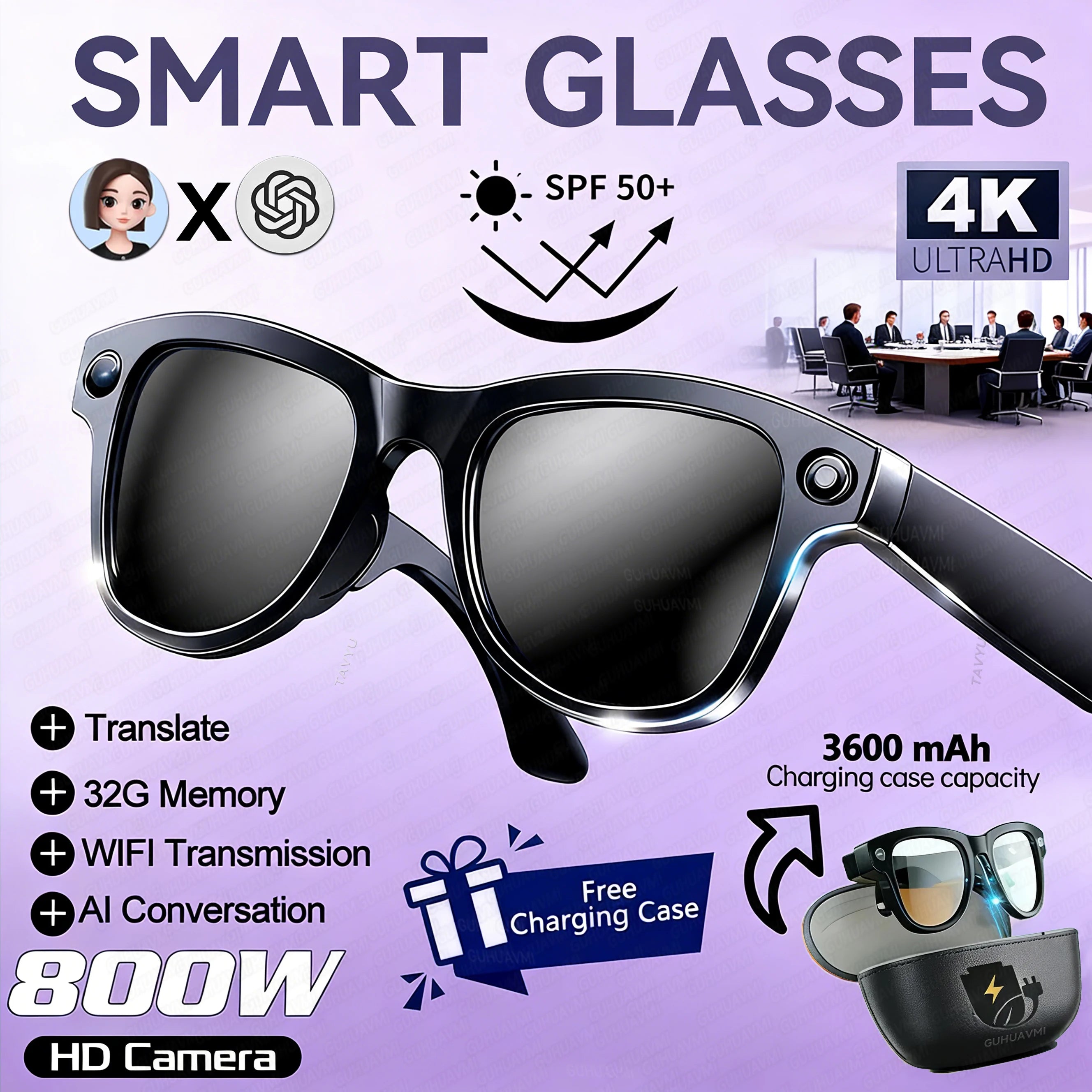 Oculos Inteligentes IA 2026 com Câmara 5MP, Tradução em Tempo Real e Power Bank 3600mAh