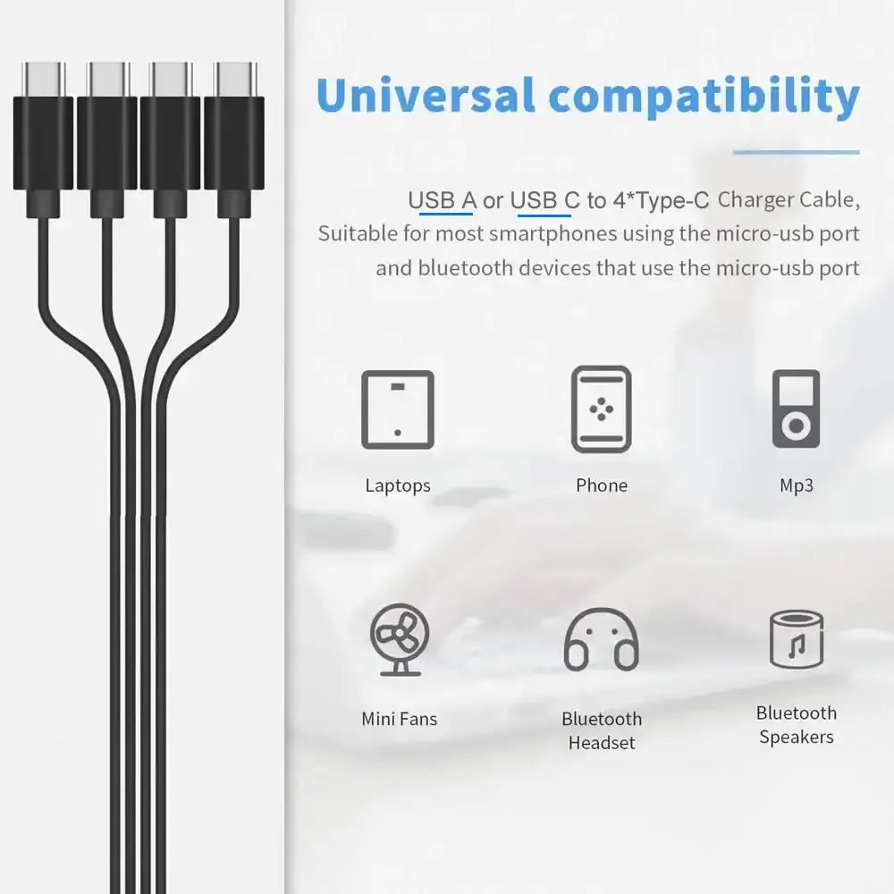 Cabo Splitter USB-C com 4 Conectores Type-C — Carregue 4 Dispositivos ao Mesmo Tempo