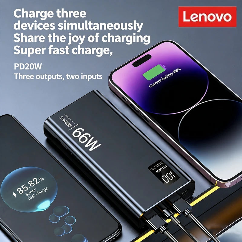 Power Bank Lenovo 20000mAh 66W Carregamento Bidirecional com Display Digital