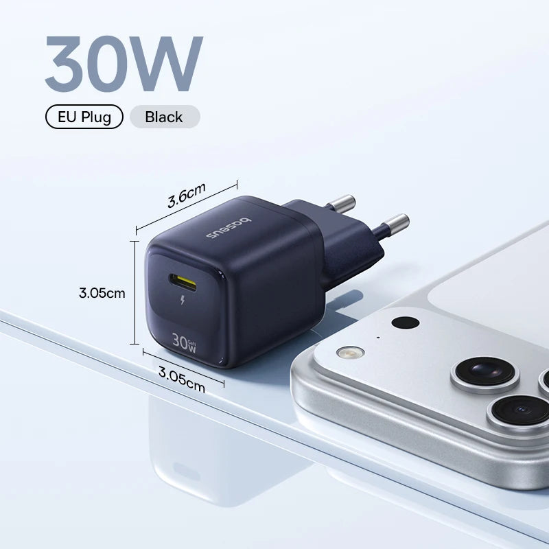Carregador Baseus GaN 30W PD para iPhone 12-17 e Tablets
