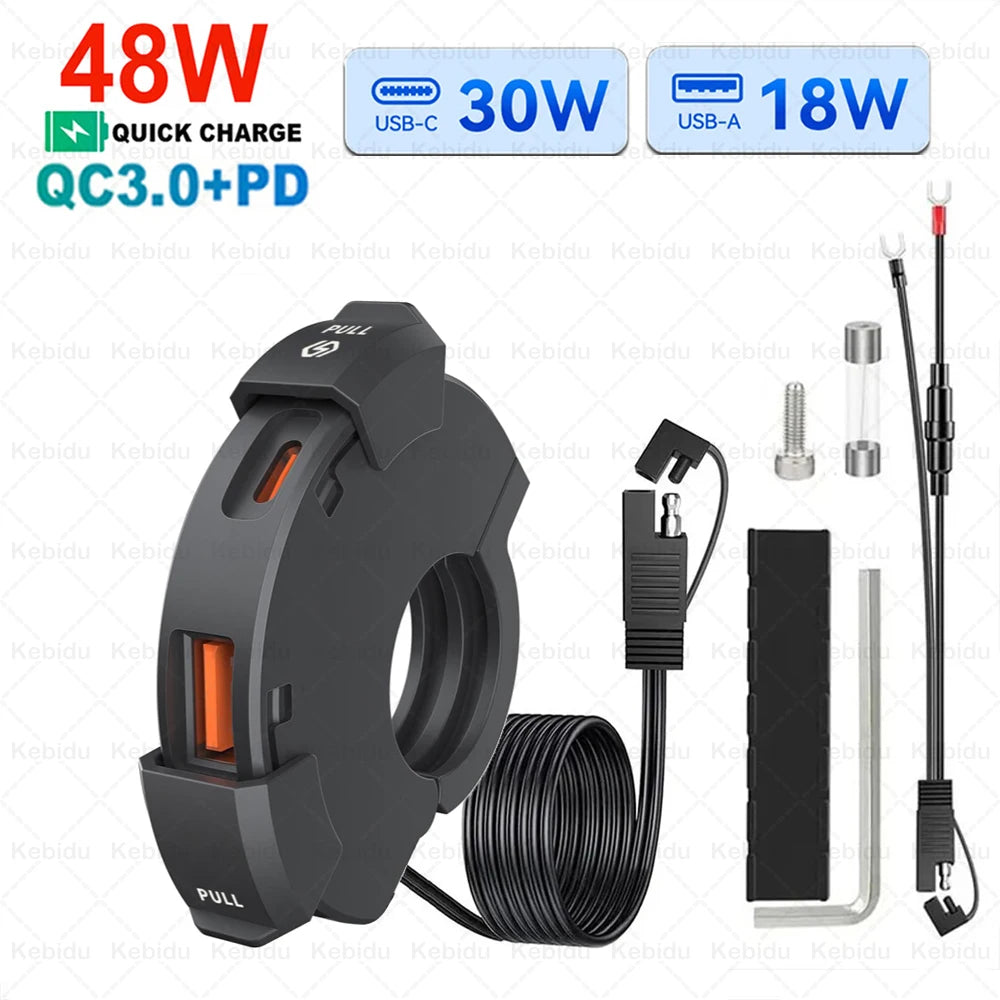 Carregador USB para Mota 48W QC3.0 Impermeável com Suporte de Guiador