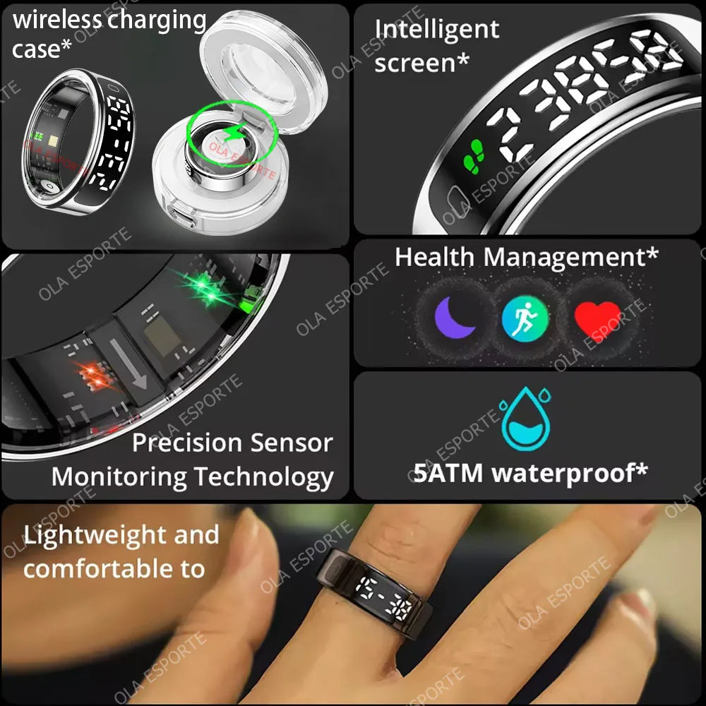 Smart Ring 2025 com Ecrã Touch — Carregamento Sem Fios, Gestor de Saúde e 5ATM para Homem e Mulher