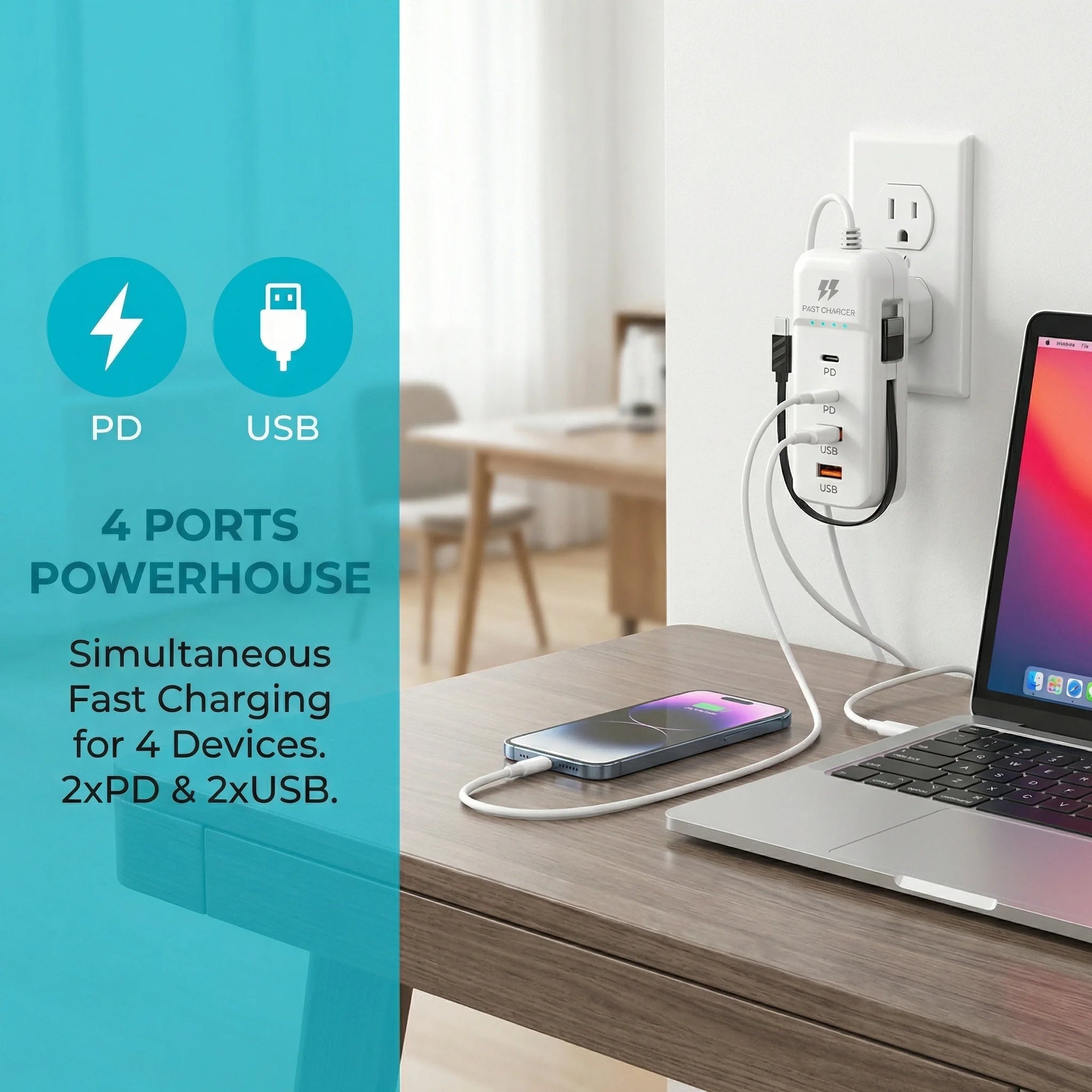 Carregador Multiportas 4 em 1 USB-C + USB-A 15W — Ficha EU/US