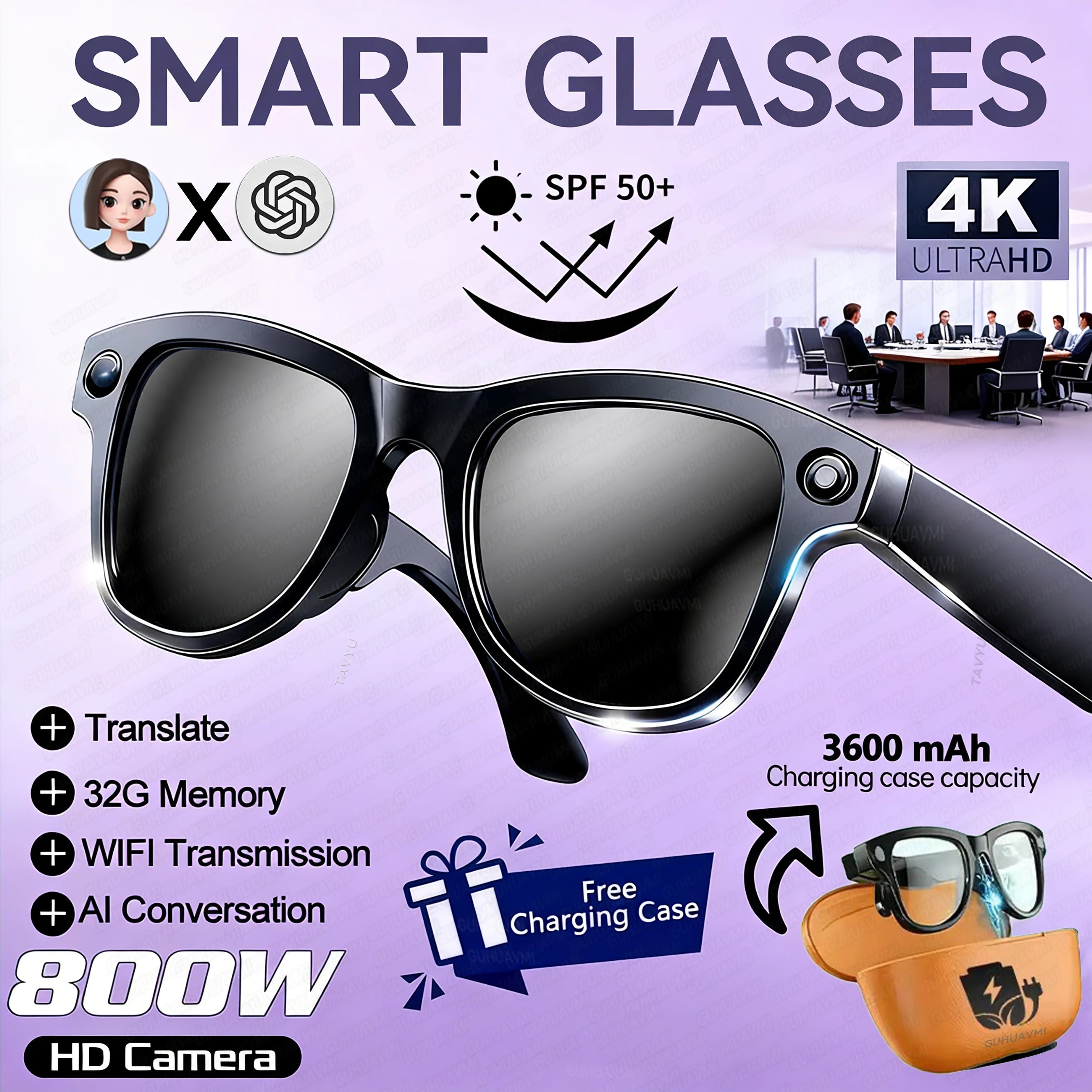 Oculos Inteligentes IA 2026 com Câmara 5MP, Tradução em Tempo Real e Power Bank 3600mAh