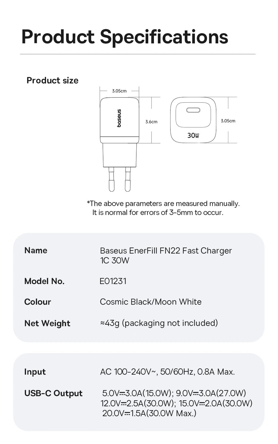 Carregador Baseus GaN 30W PD para iPhone 12-17 e Tablets
