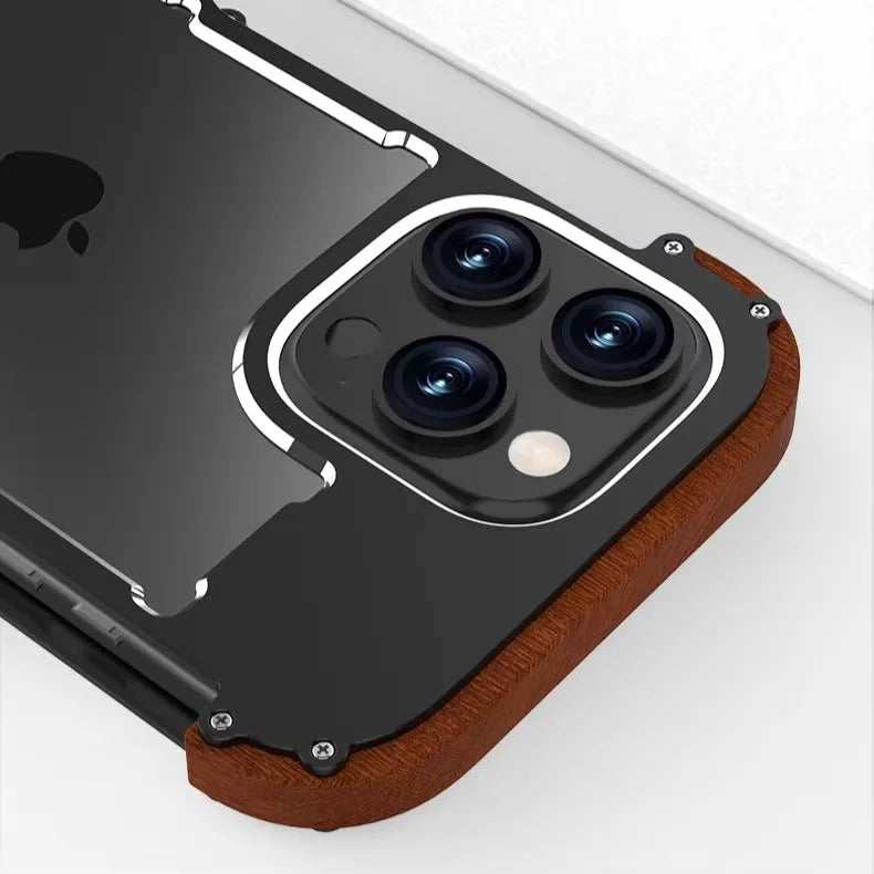 Capa Bumper Metal e Madeira para iPhone 16 15 14 13 12