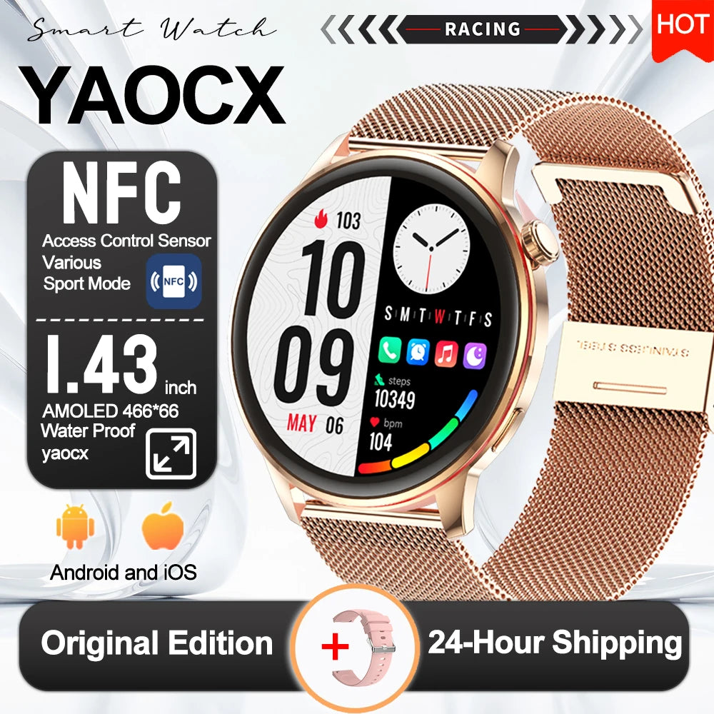 Smartwatch Feminino Elegante — Rosa e Dourado, Saúde Completa e Notificações Inteligentes
