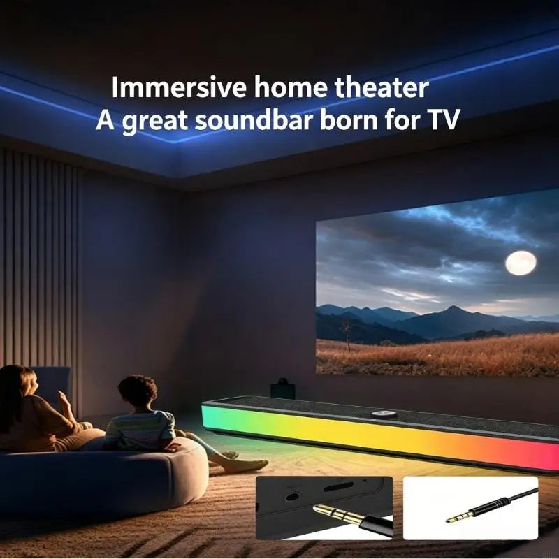 Soundbar de Secretária Sem Fios com Barra de Luz — Bluetooth 5.3, USB, Recarregável e Para TV