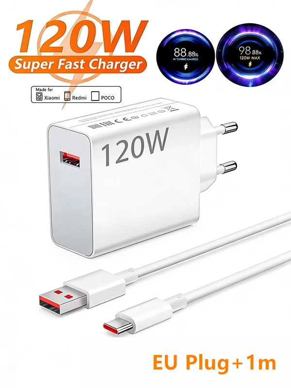 Carregador 120W Turbo para Xiaomi, Redmi e Poco com Cabo 6A