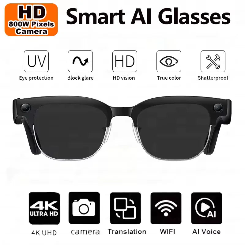 Óculos Inteligentes IA 4K — Câmara 8MP, Gravação de Vídeo, Reconhecimento, Tradução, Bluetooth e Óculos Fotocromáticos À Prova de Água