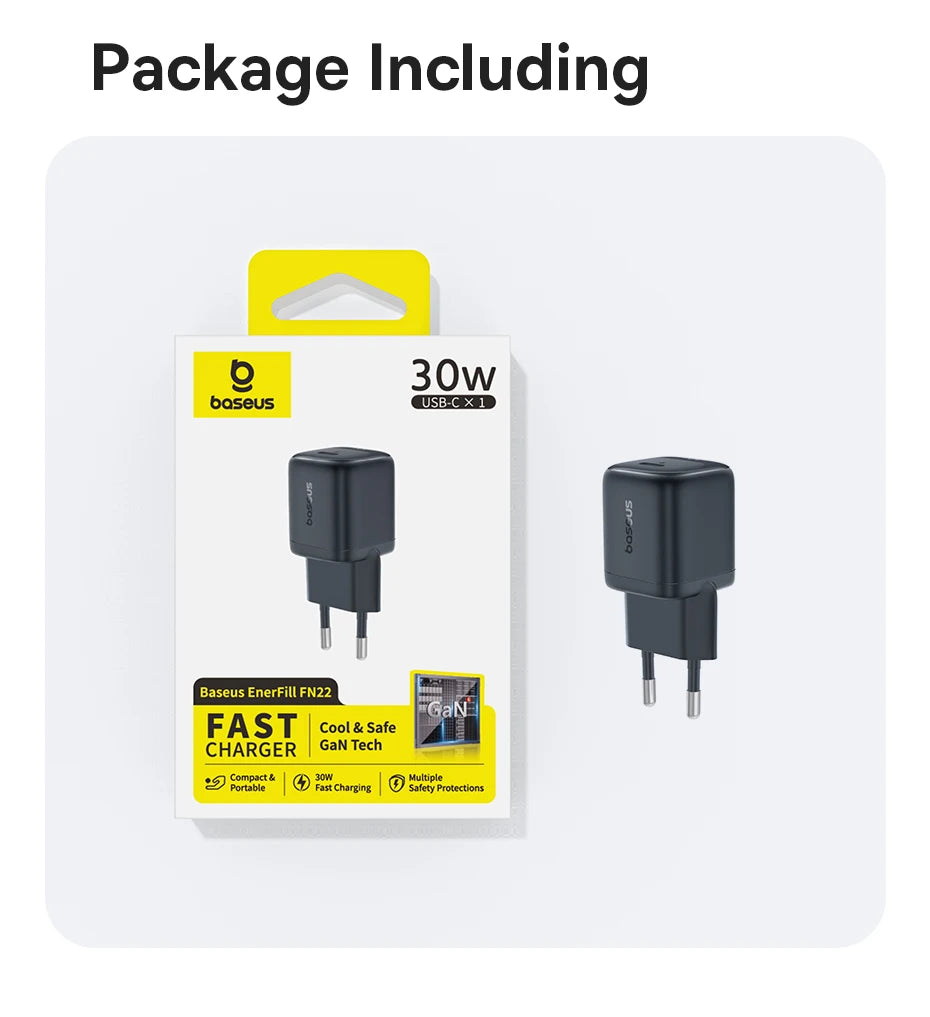 Carregador Baseus GaN 30W PD para iPhone 12-17 e Tablets