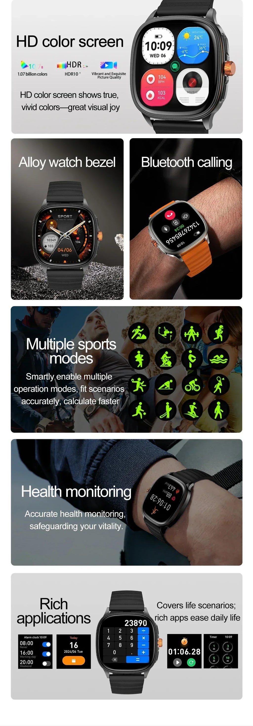 Smartwatch 2026 — Ecrã HD 1.73'', Voz AI, Música, Meteorologia, Modos Desportivos e IP68