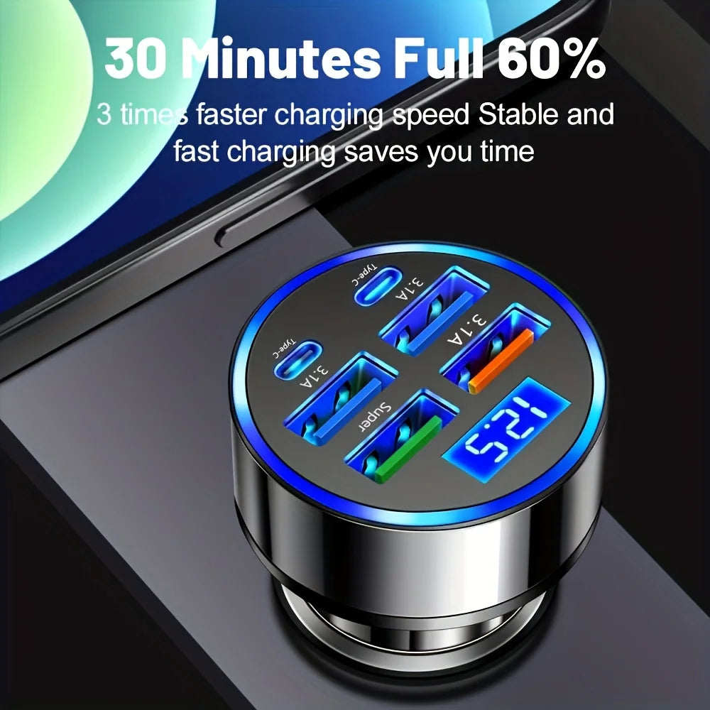 Adaptador de Carro 6 em 1 com Display Digital e Carregamento Rápido 3.1A