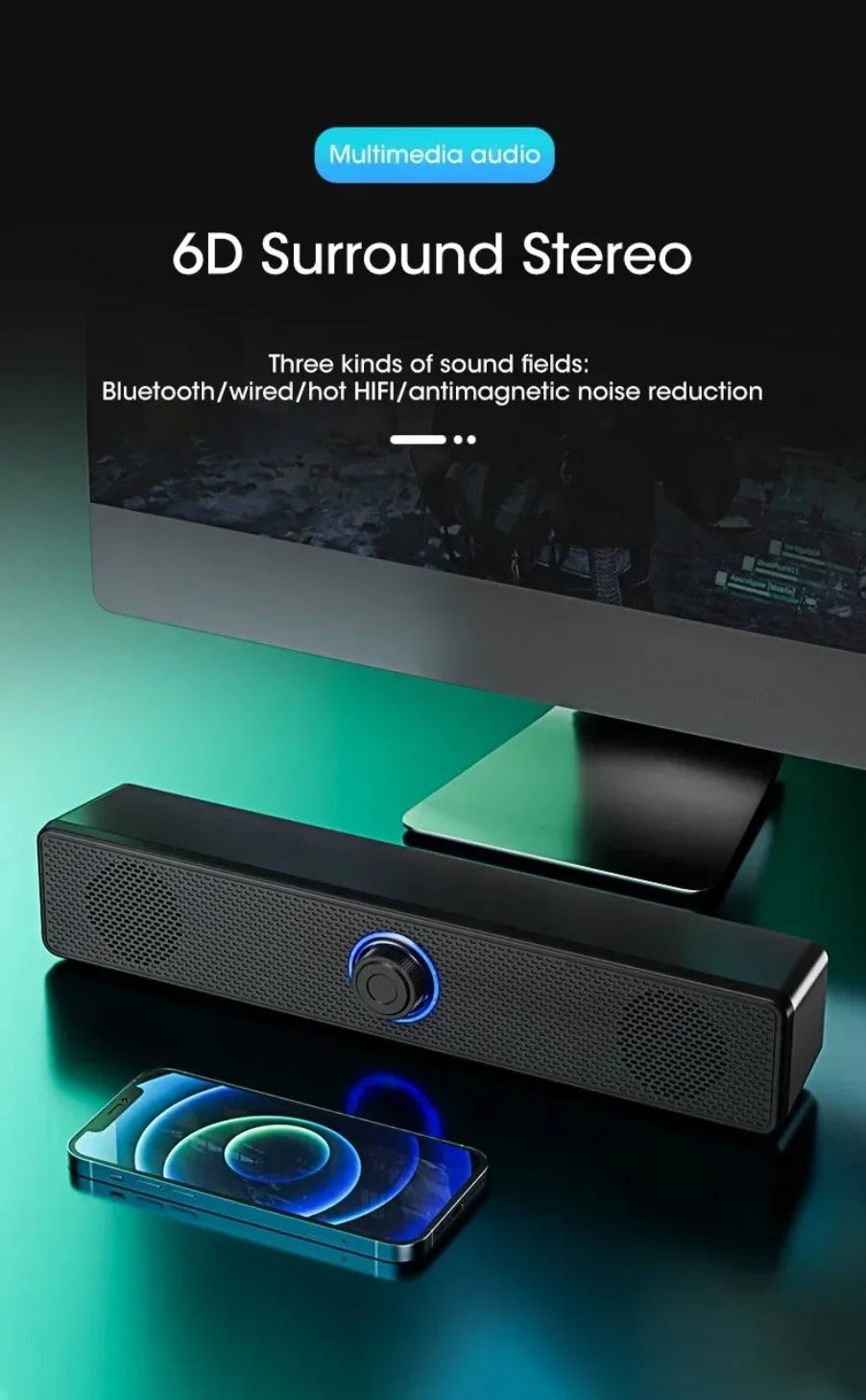 Soundbar Bluetooth e USB — Para TV, PC, Laptop e Gaming com Som Surround