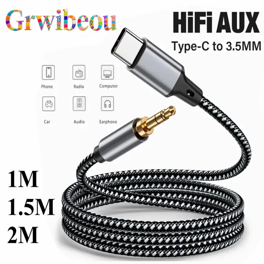 Cabo Adaptador USB-C para Jack 3.5mm DAC — Áudio HiFi Estéreo 1m/1.5m/2m