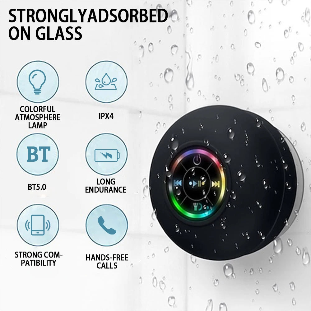 Coluna Bluetooth Portátil LED IPX4 — À Prova de Água, Ventosa e Som Estéreo para Exterior