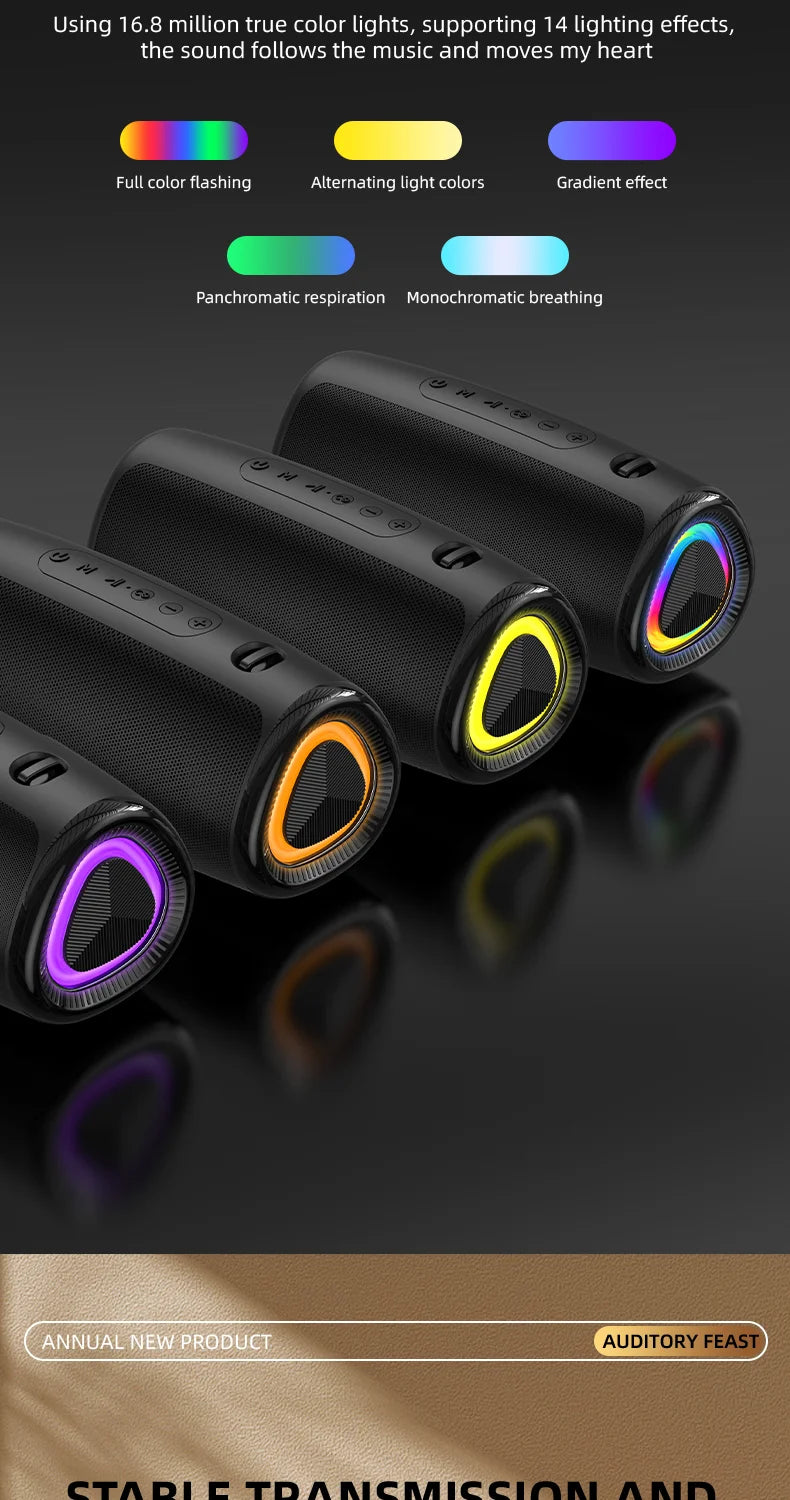 Coluna Bluetooth 5.3 com LED RGB, Subwoofer e FM/SD/USB