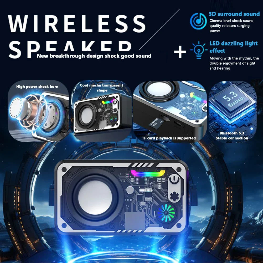 Coluna Bluetooth V5.3 — LED, 1800mAh, Suporte Cartão TF e Som Potente para Exterior