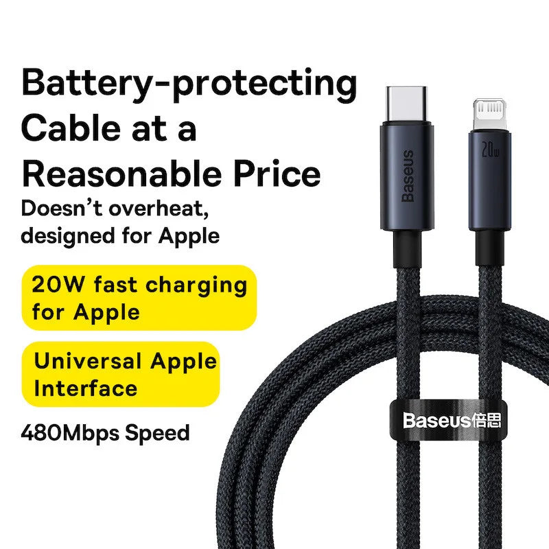 Cabo Baseus USB-C para Lightning iPhone 20W PD — Nylon Trançado 1m/2m/3m