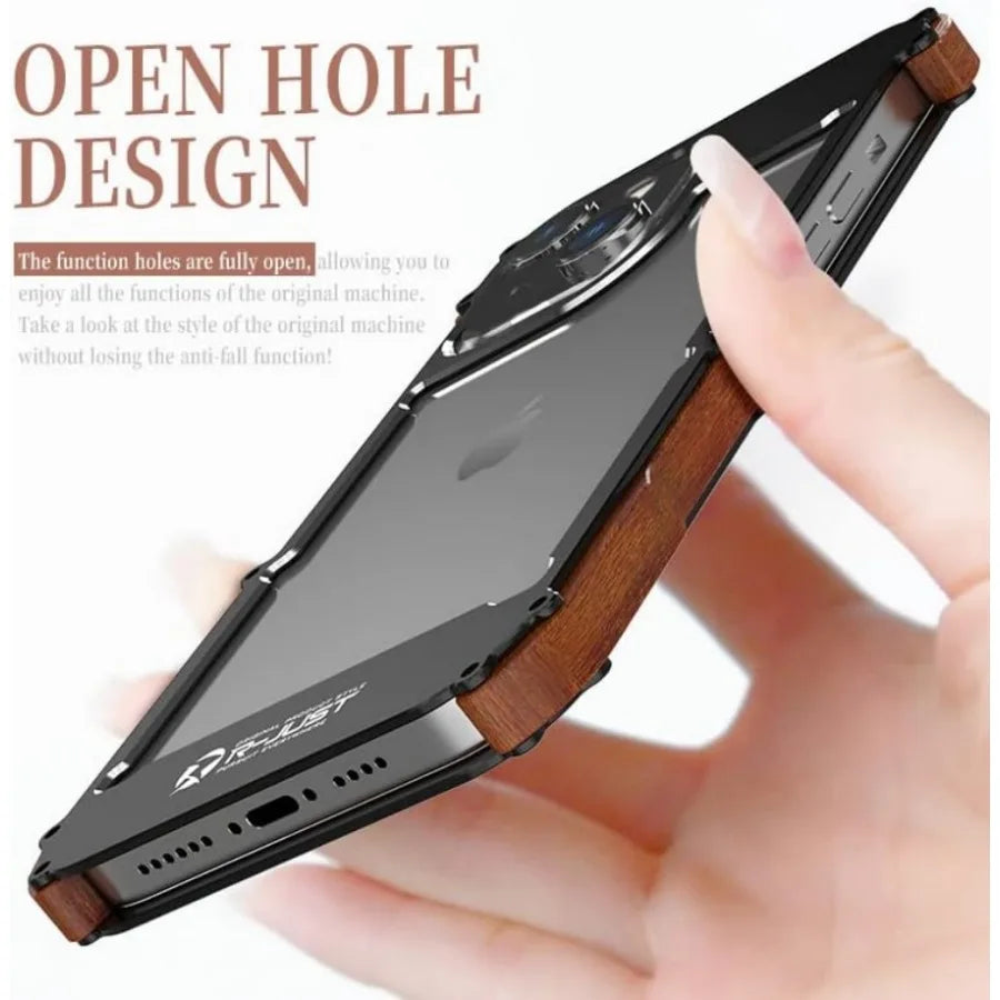 Capa Bumper Metal e Madeira para iPhone 16 15 14 13 12