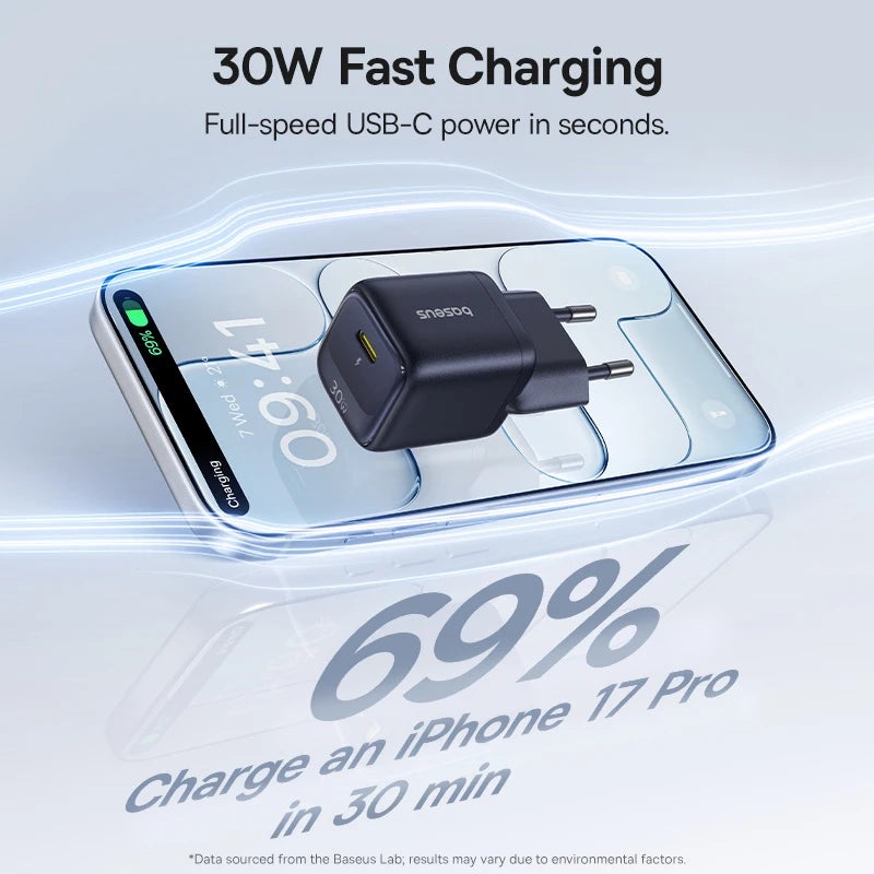 Carregador Baseus GaN 30W PD para iPhone 12-17 e Tablets